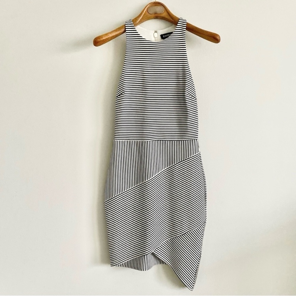 bebe Black and White Striped Asymmetrical Dress